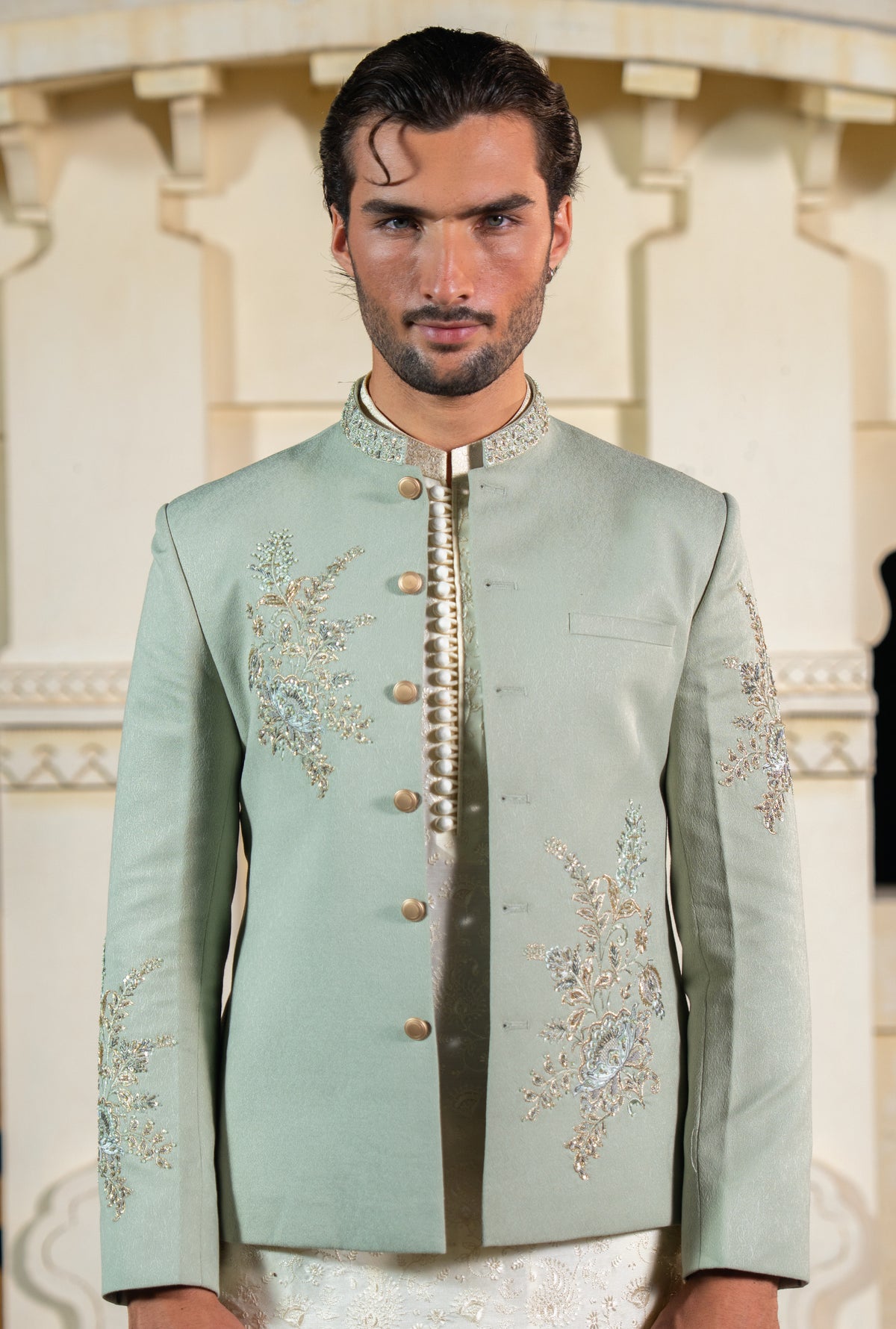 Mint Green Floral Bunch Embroidered Prince Coat S8P-5