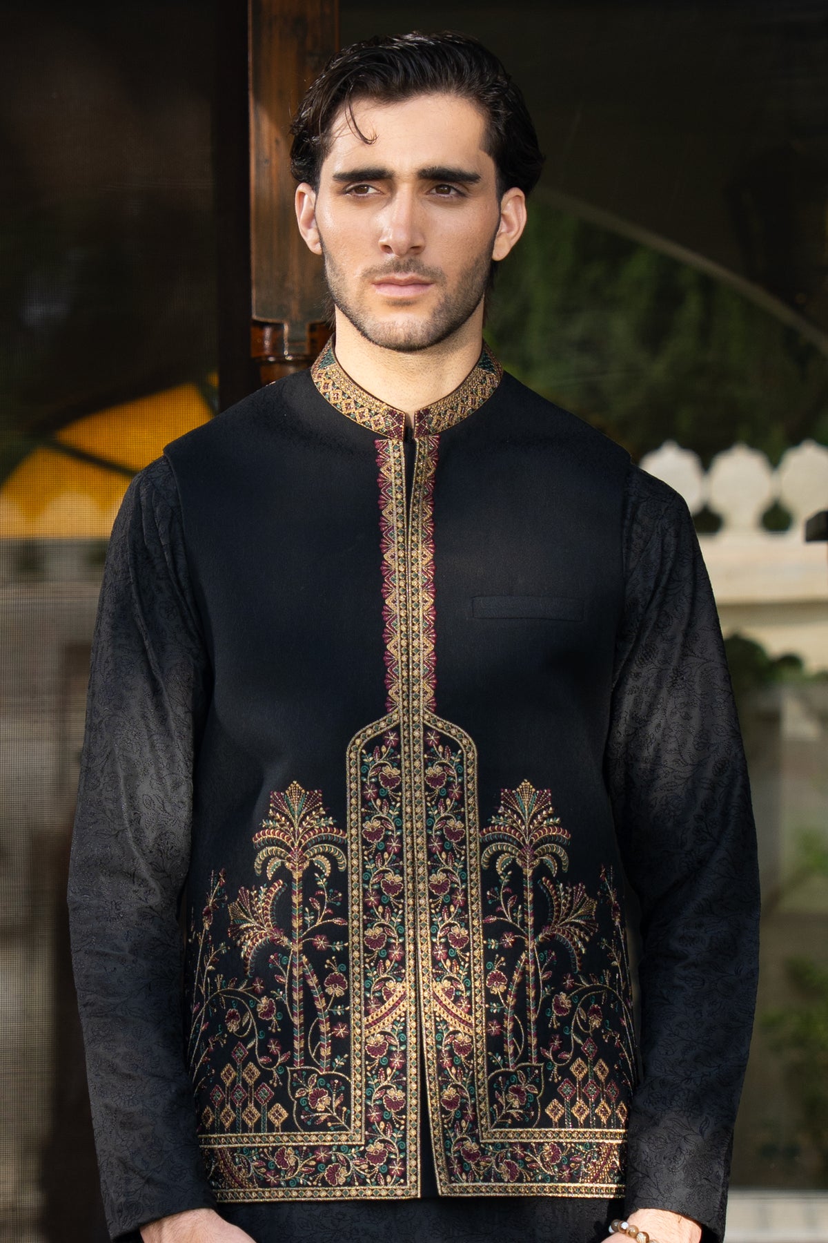 Black Kalamkaar Embroidered Waist Coat S8W-17