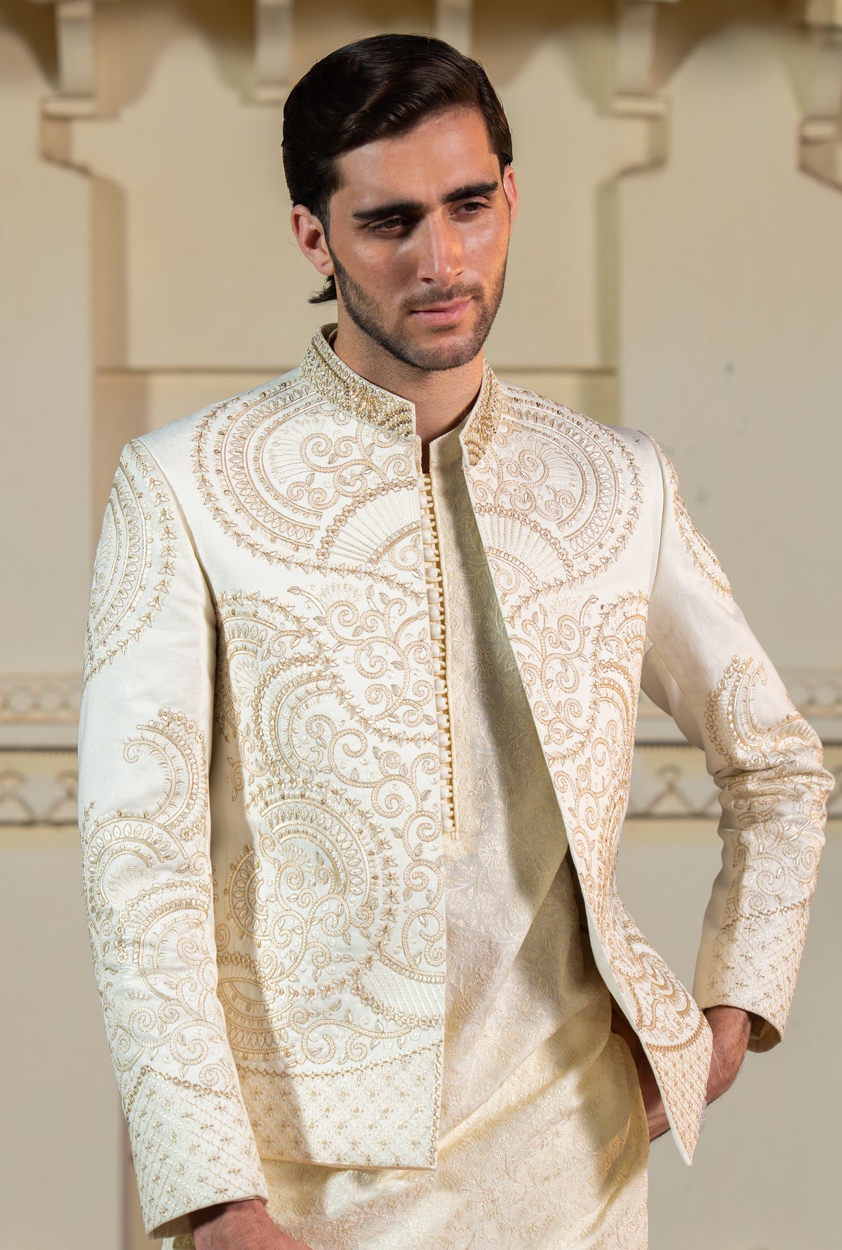 Cream Gold Embroidered Prince Coat S8P-4
