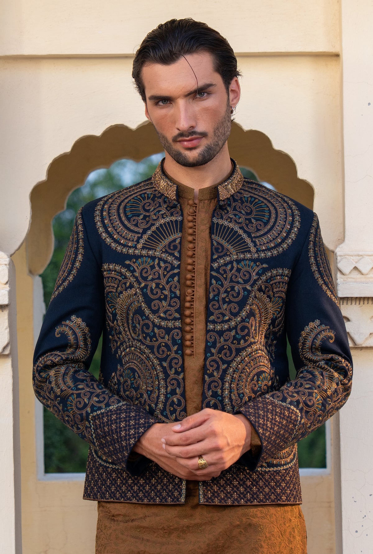 Intense Blue Gold Embroidered Prince Coat S8P-3