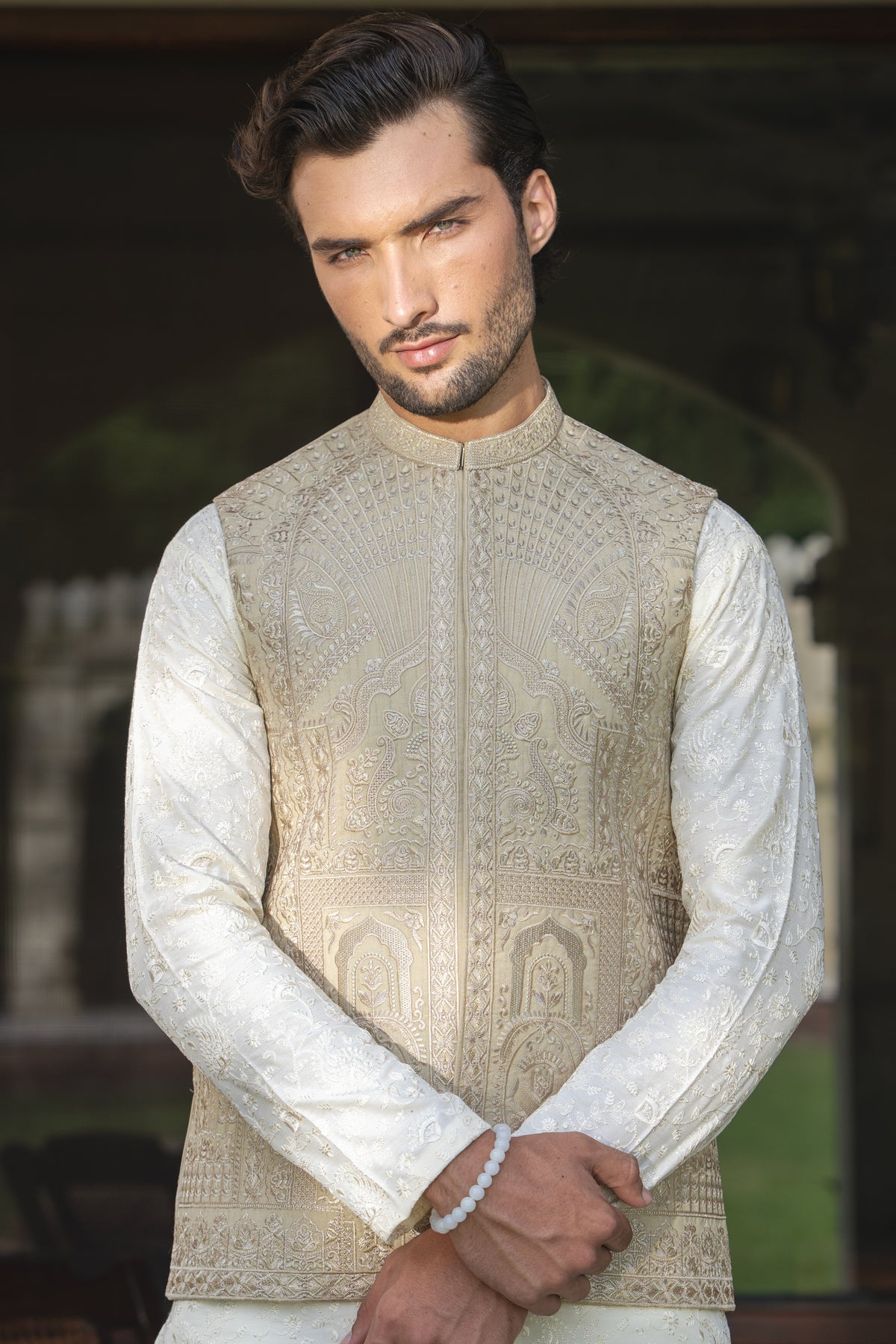 Ivory Gold Embroidered Waist Coat S8W-18