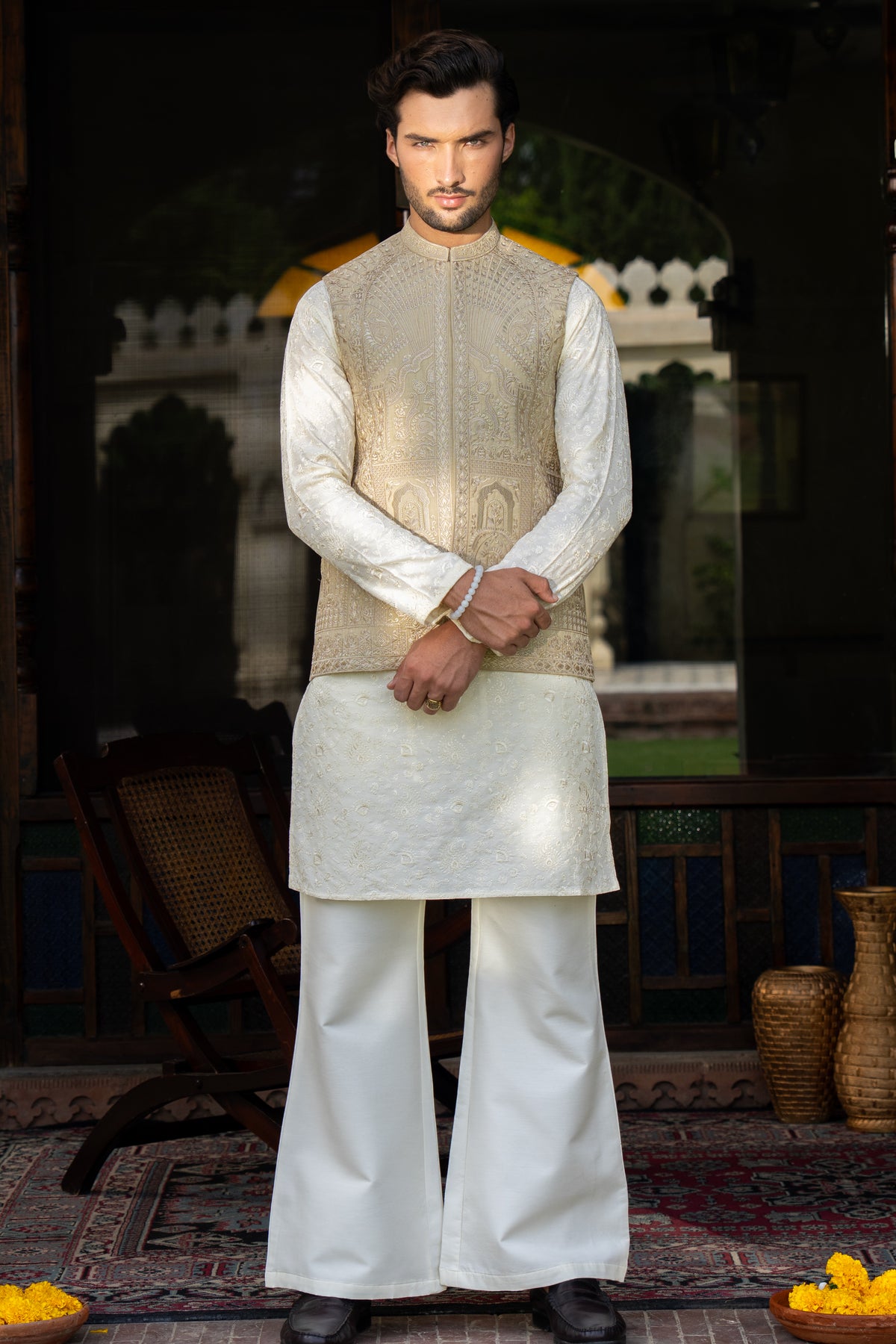 Ivory Gold Embroidered Waist Coat S8W-18