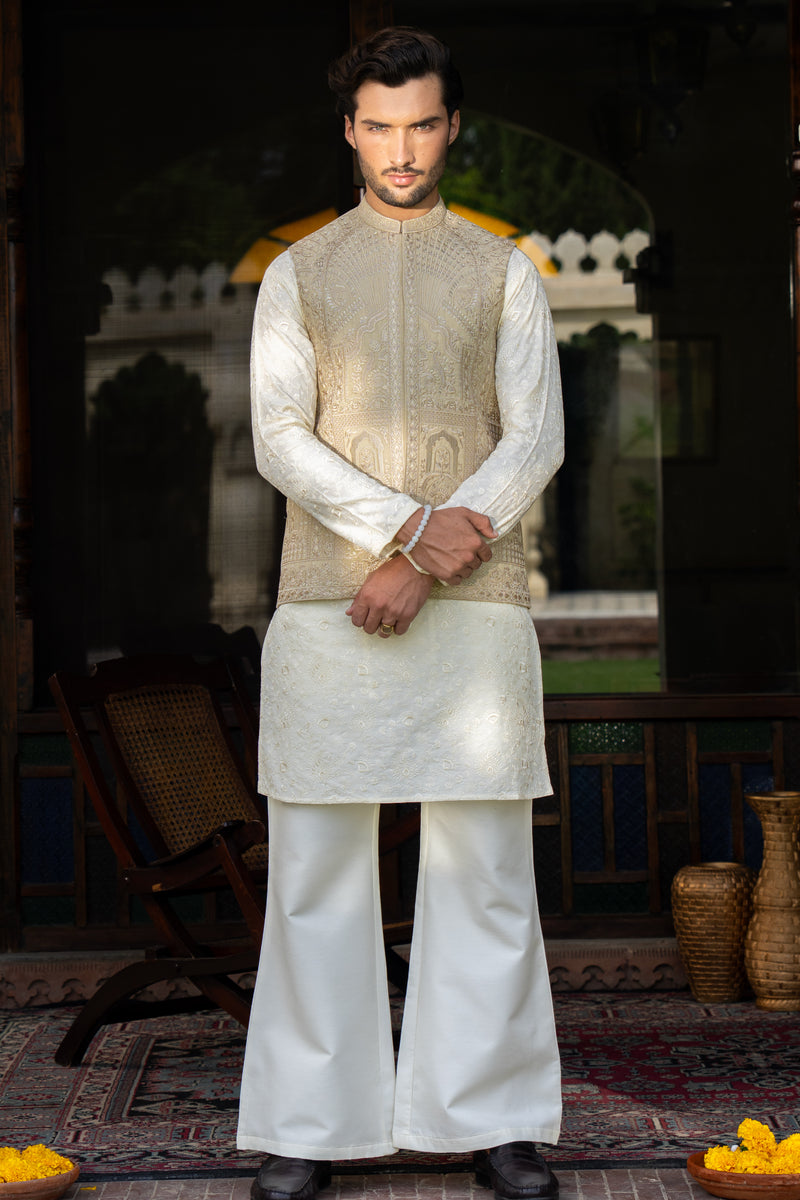 Ivory Gold Embroidered Waist Coat S8W-18