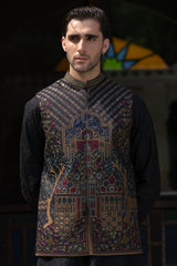Black Mughal Arch Embroidered Waist Coat S8W-20