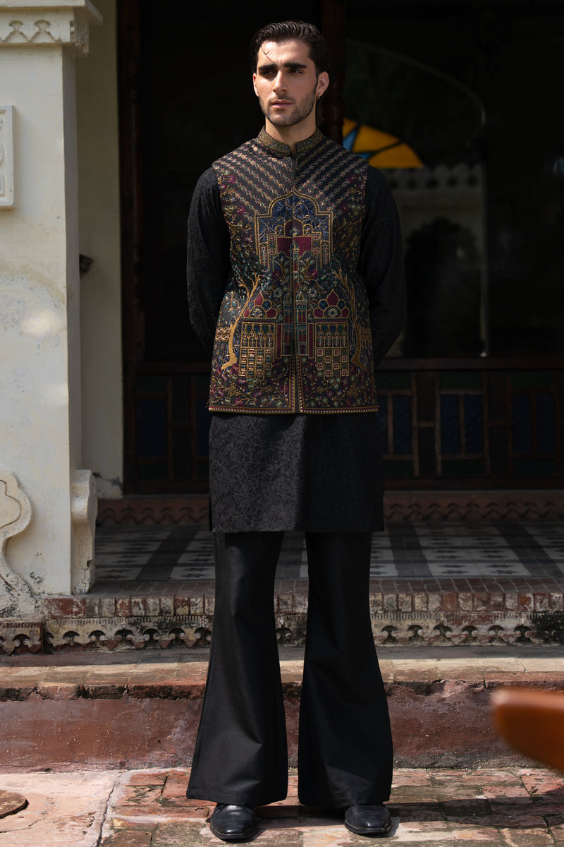 Black Mughal Arch Embroidered Waist Coat S8W-20