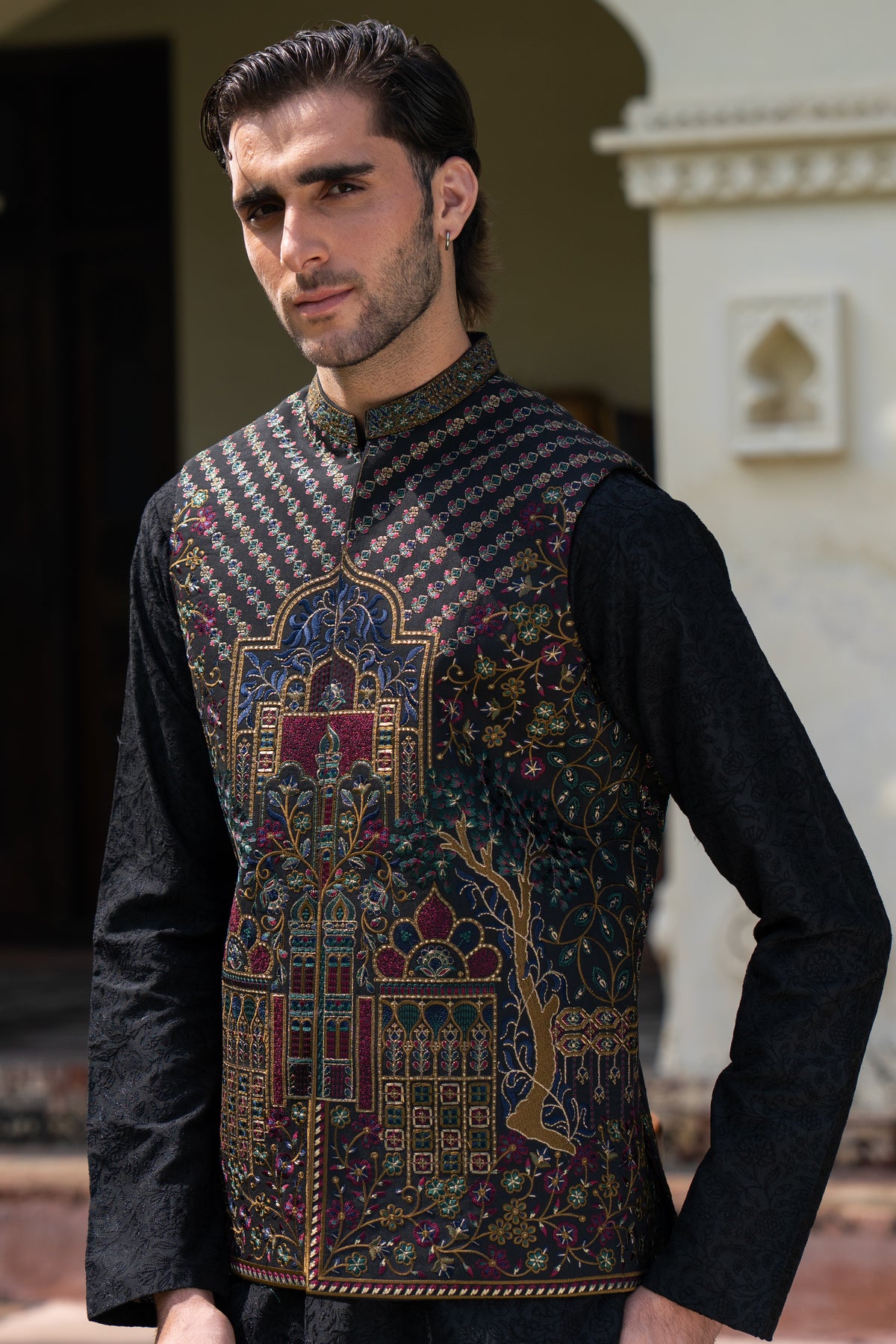 Black Mughal Arch Embroidered Waist Coat S8W-20