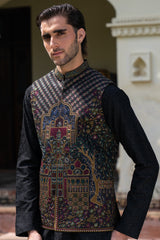 Black Mughal Arch Embroidered Waist Coat S8W-20