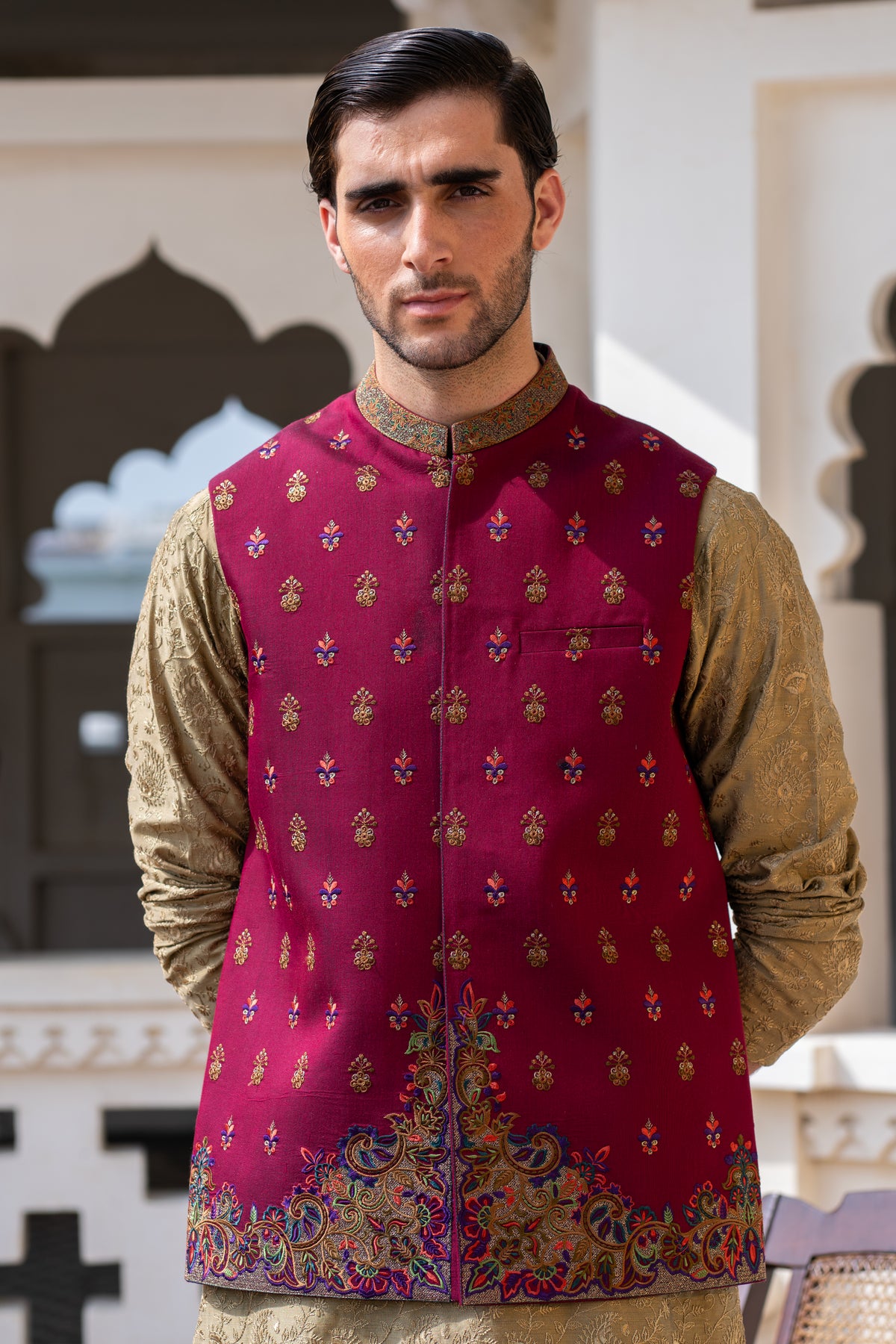 Red Wine Embroidered Waist Coat S8W-15