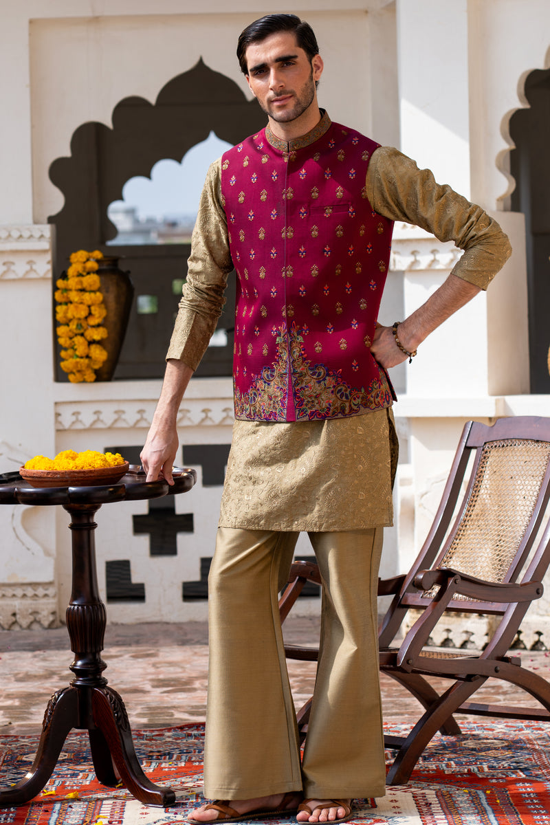 Red Wine Embroidered Waist Coat S8W-15