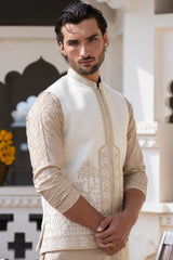 Pearl White Kalamkaar Embroidered Waist Coat S8W-14