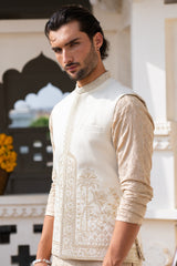 Pearl White Kalamkaar Embroidered Waist Coat S8W-14