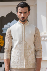 Pearl White Kalamkaar Embroidered Waist Coat S8W-14