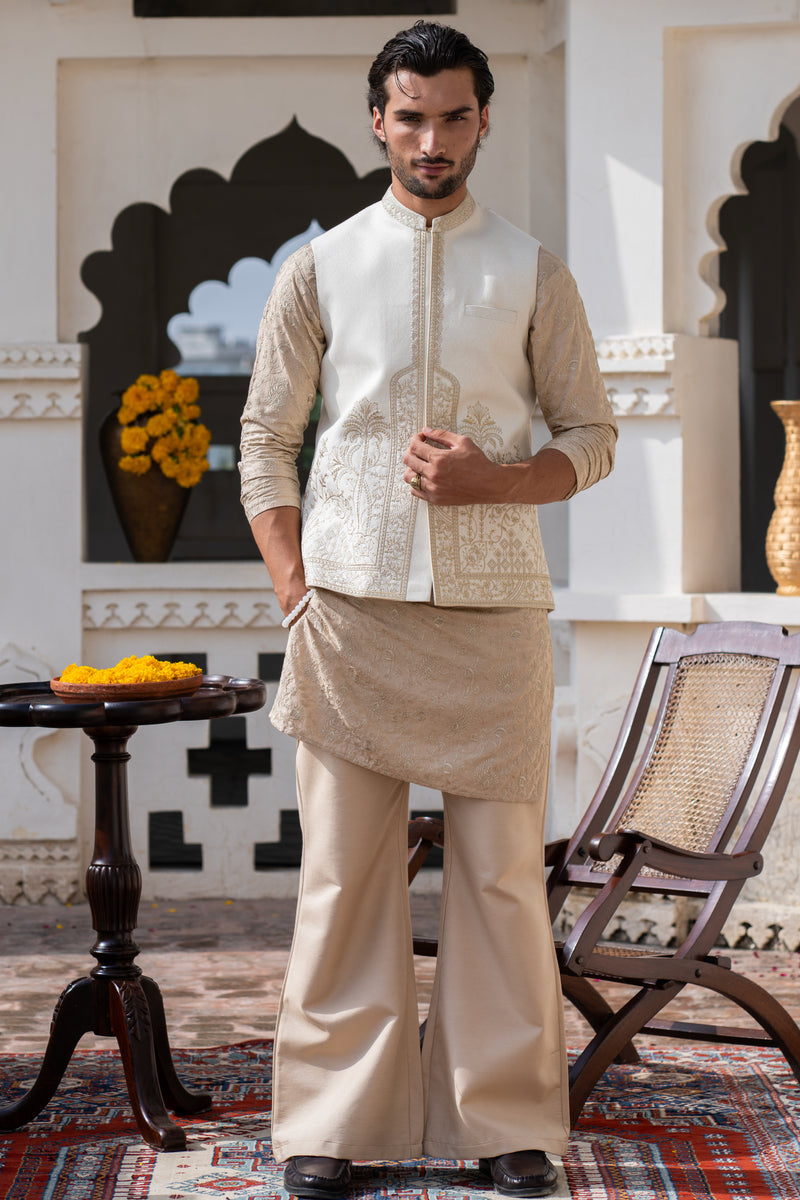 Pearl White Kalamkaar Embroidered Waist Coat S8W-14