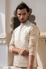 Pearl White Kalamkaar Embroidered Waist Coat S8W-14