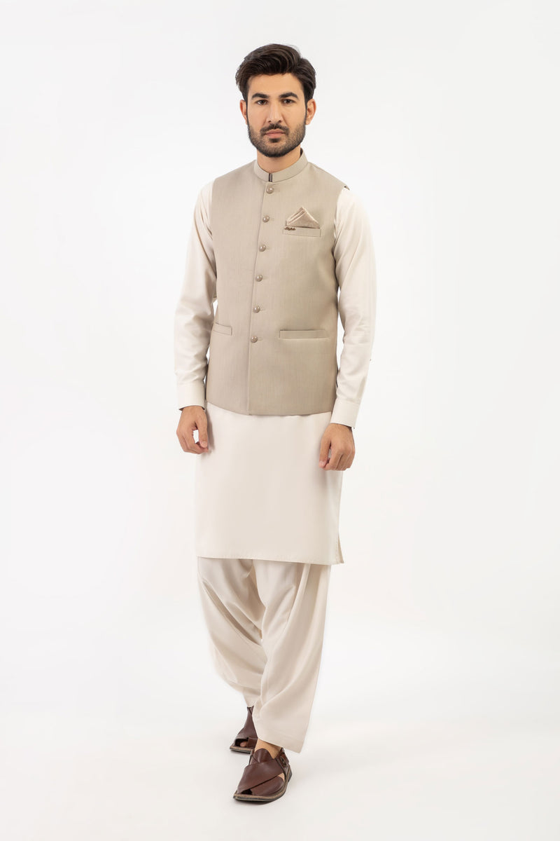 Men Shalwar Kameez With Waistcoat Light Fawn - Stylish Garments