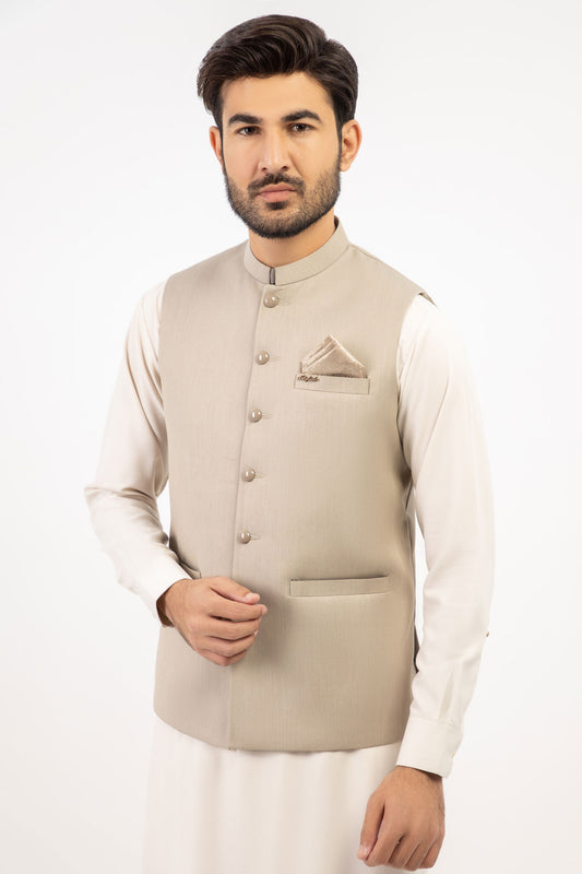 Men Shalwar Kameez With Waistcoat Light Fawn - Stylish Garments