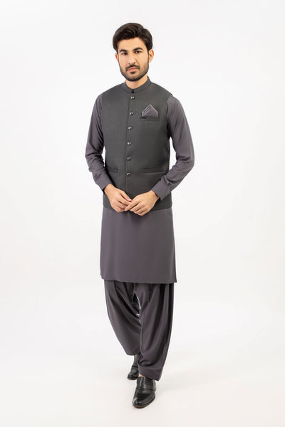 Men Shalwar Kameez With Waistcoat D.Grey - Stylish Garments