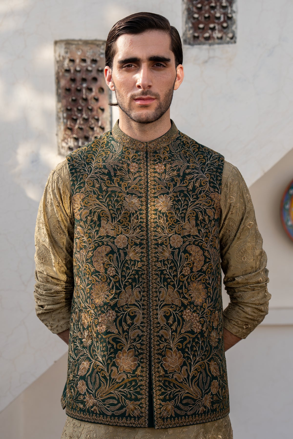 Emerald Green Embroidered Waist Coat S8W-11
