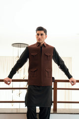 Coffee Brown Zipper Suiting Waistcoat W-2021