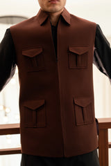 Coffee Brown Zipper Suiting Waistcoat W-2021