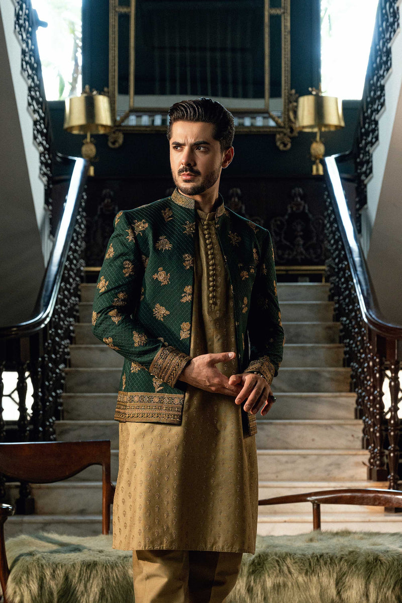 Bottle Green Embroidered Front Open Jacket PC-670