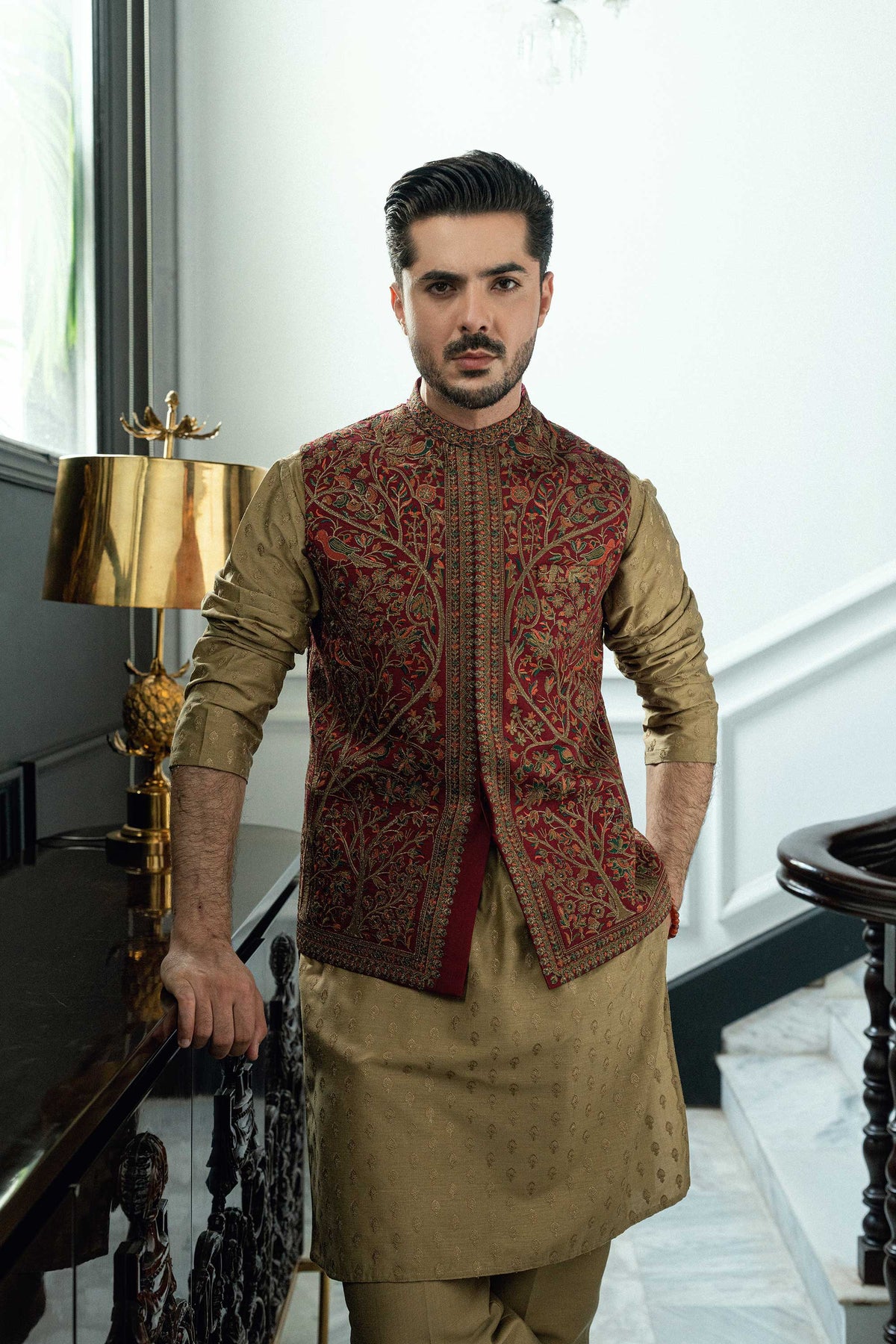 Maroon Embroidered Waistcoat W-4019