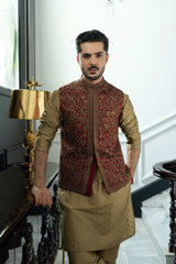 Maroon Embroidered Waistcoat W-4019