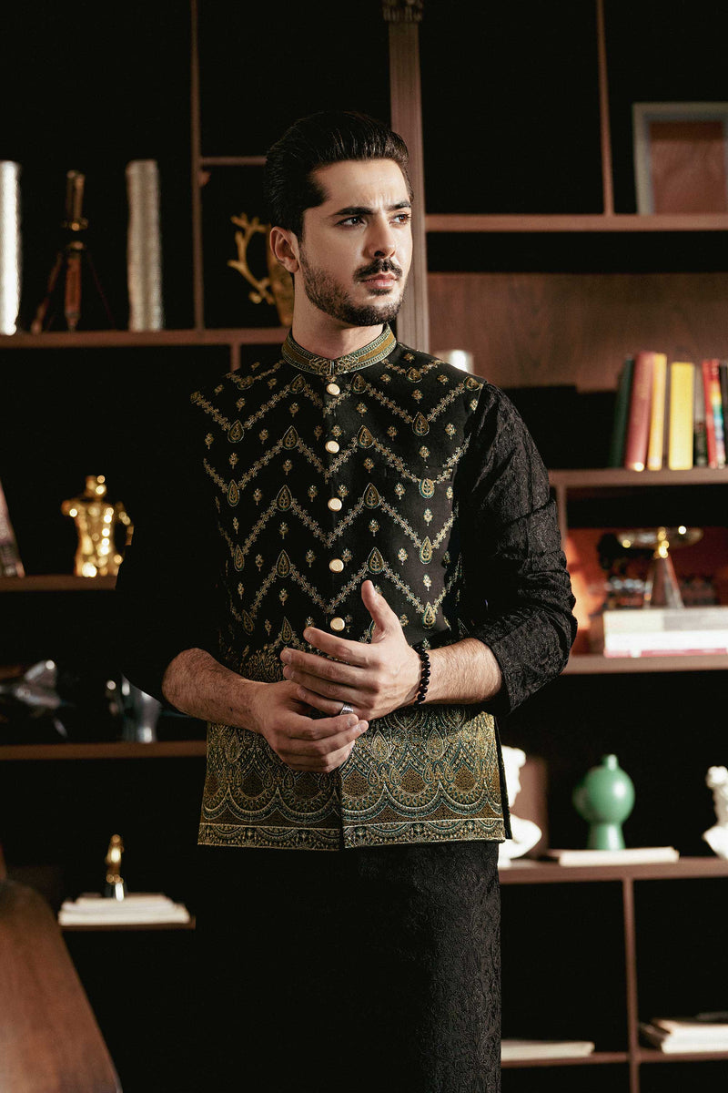 Black Antique Brass Embroidered Waistcoat W-3076