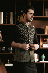 Black Antique Brass Embroidered Waistcoat W-3076