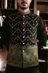Black Antique Brass Embroidered Waistcoat W-3076