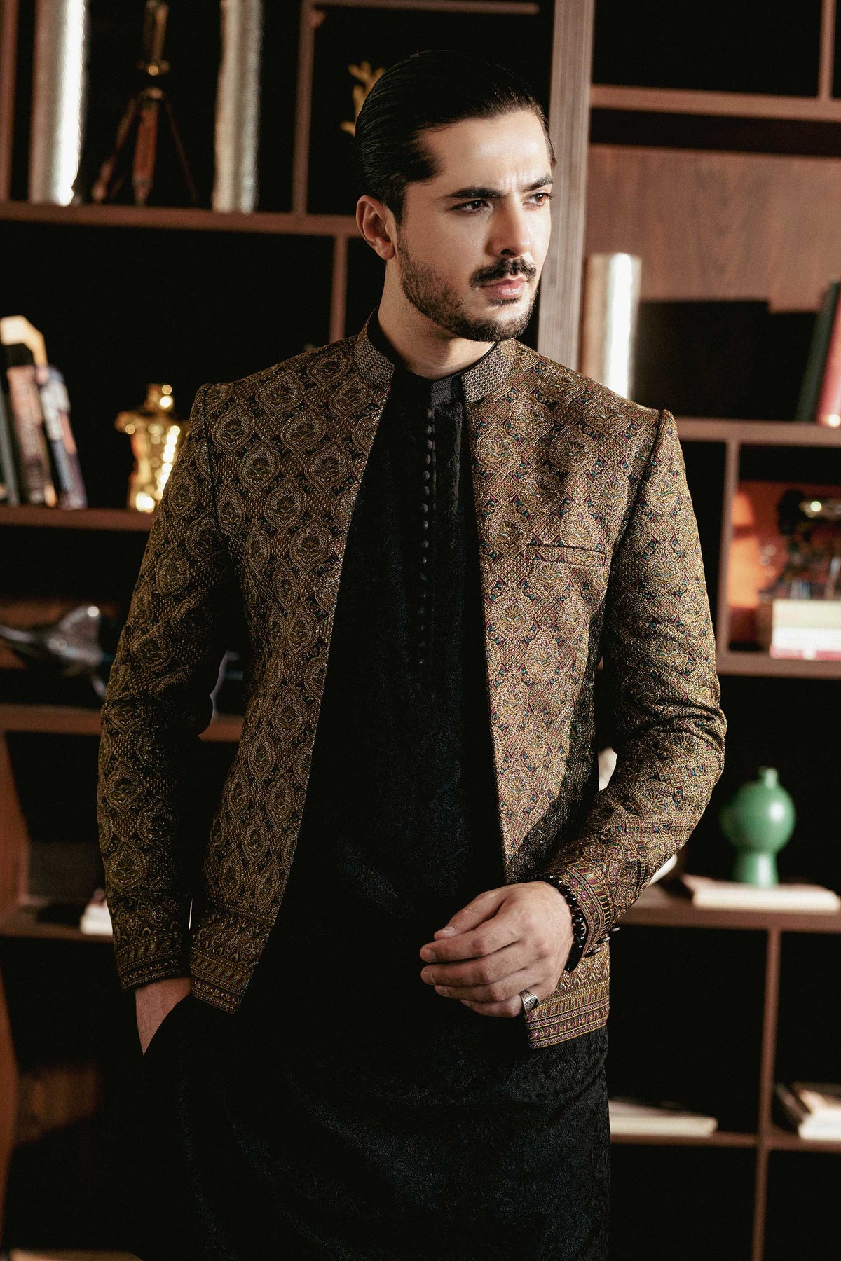 Metallic Gold Embroidered Front Open Jacket  PC-616