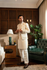 Cream Floral Embroidered Front Open Jacket  PC-668