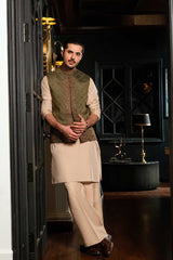 Olive Green Embroidered Waistcoat W-3088