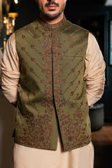 Olive Green Embroidered Waistcoat W-3088