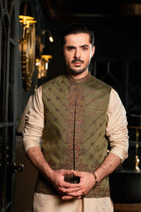Olive Green Embroidered Waistcoat W-3088