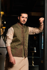 Olive Green Embroidered Waistcoat W-3088