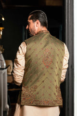 Olive Green Embroidered Waistcoat W-3088