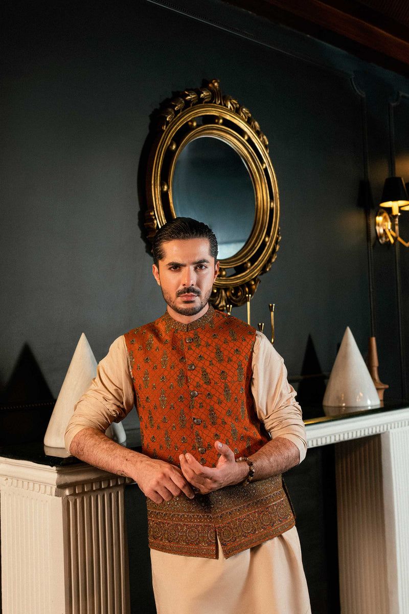 Rust Embroidered Front Open Jacket W-4002
