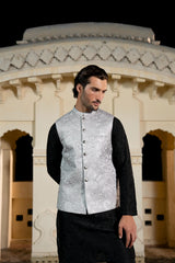 Silver Metallic Floral Embroidered Waist Coat S8W-1