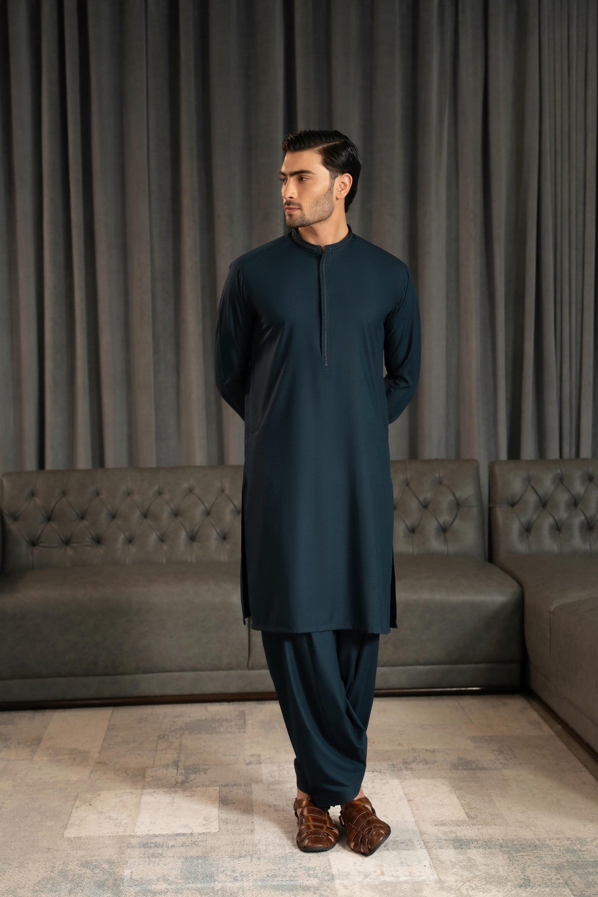 Gray Blue Embroidered Kameez Shalwar S5-36