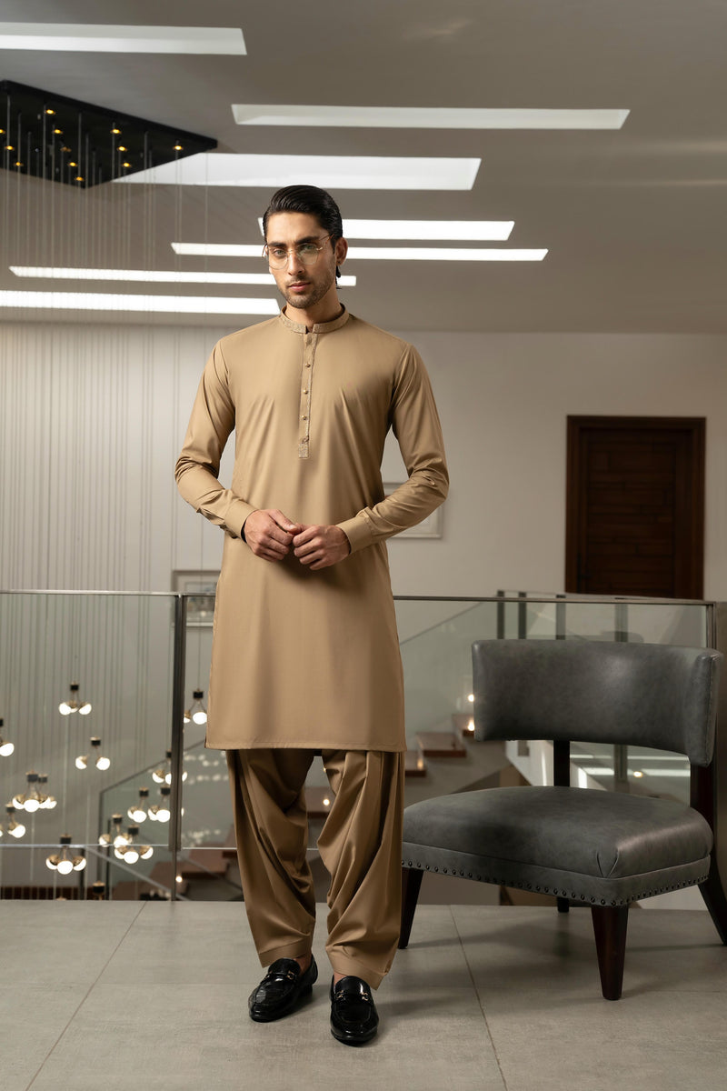 Dark Fawn Embroidered Kameez Shalwar S5-21