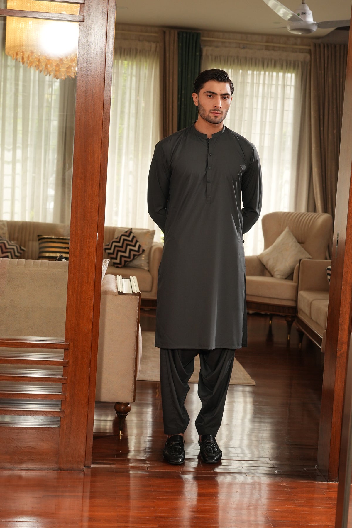 Dark Gray Embroidered Kameez Shalwar S5-14