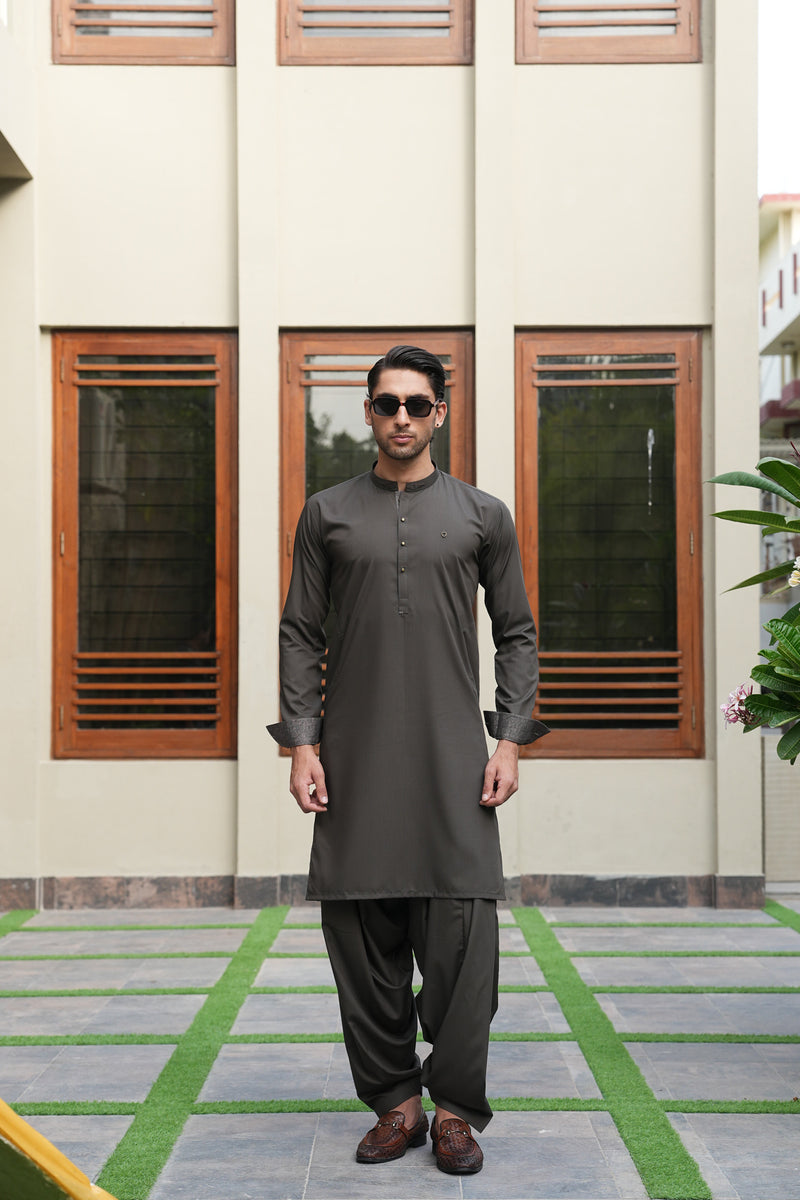 Army Green Contrast Kameez Shalwar S5-23