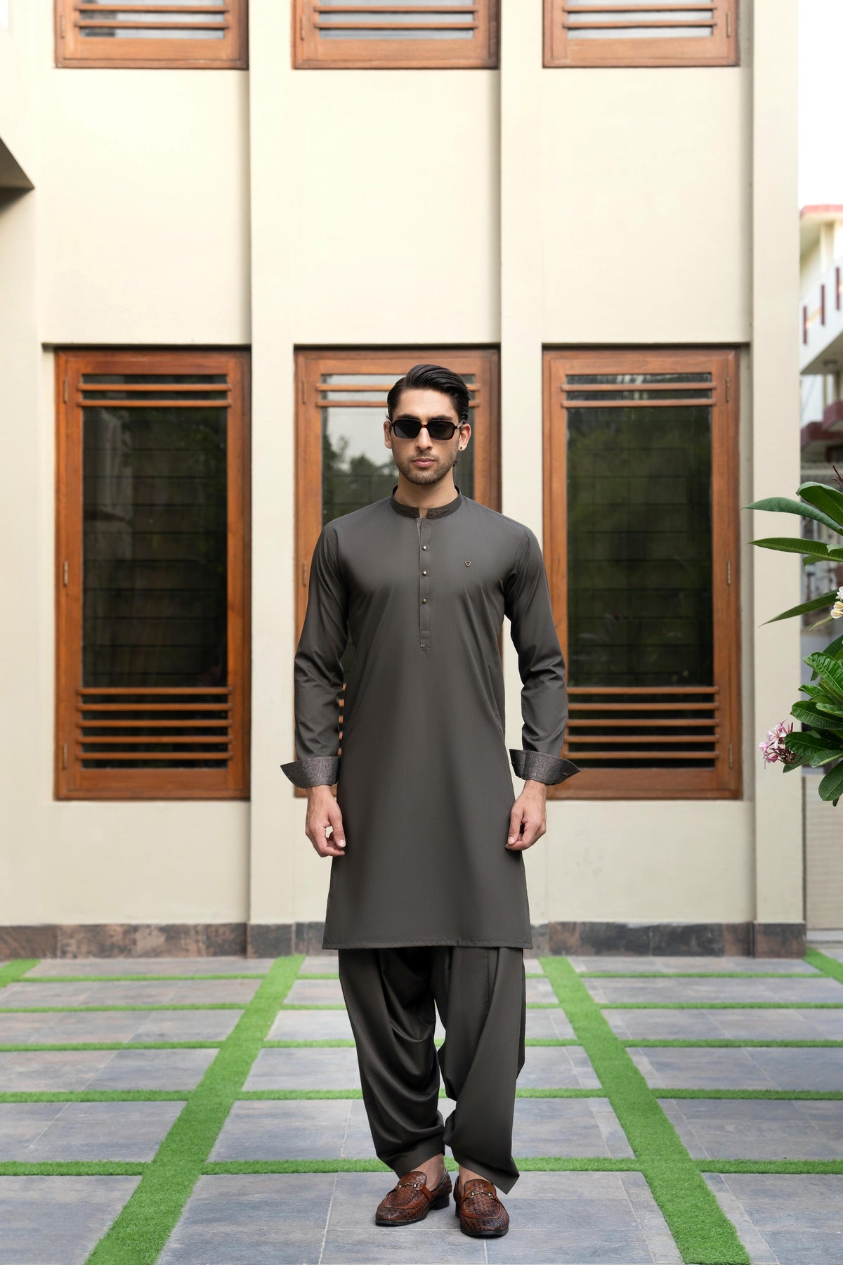 Army Green Contrast Kameez Shalwar S5-23