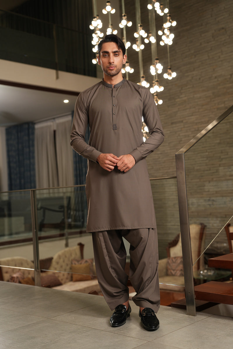 Charcoal Green Embroidered Kameez Shalwar S5-17