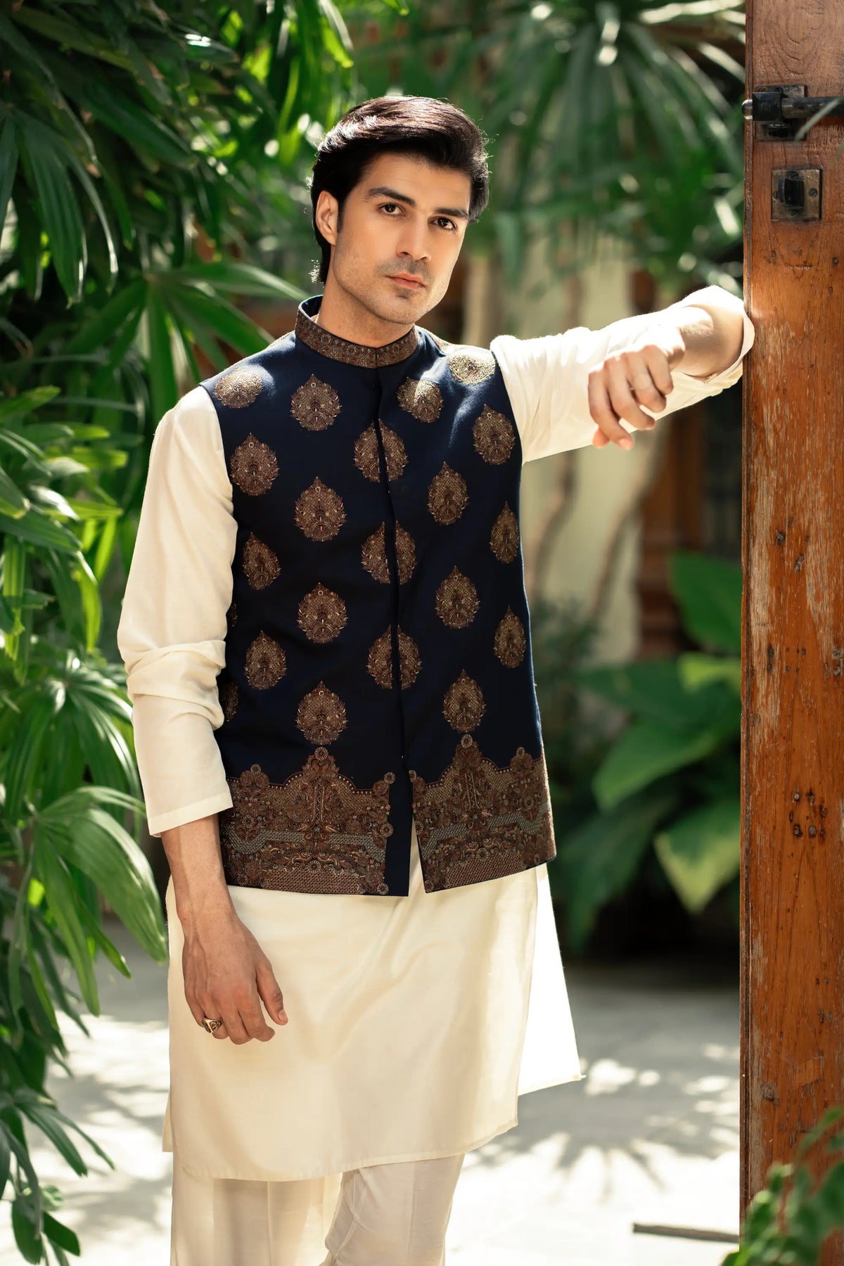 Navy Blue Embroidered Waistcoat W-3009
