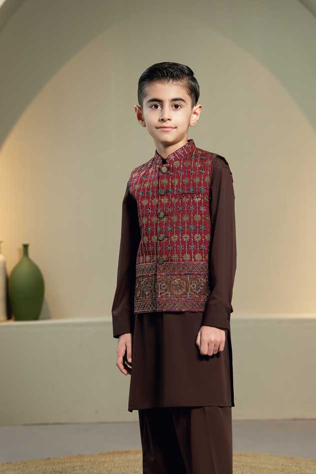 Maroon Embroidered Waistcoat Suit KD - 2