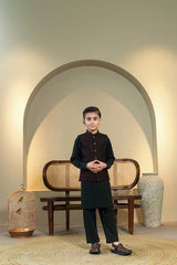 Black Embossed Embroidered Waistcoat Suit KD - 6
