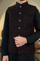 Black Embossed Embroidered Waistcoat Suit KD - 6