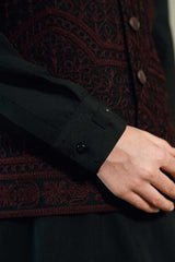 Black Embossed Embroidered Waistcoat Suit KD - 6